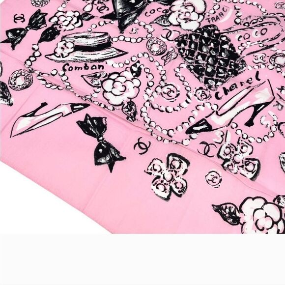 HP AUTHENTIC CHANEL ICONIC CC COCOMARK PINK & BLACK SYMBOLS SCARF/ HEADBAND - Picture 9 of 9